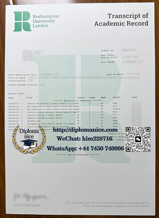 罗汉普顿大学成绩单-Roehampton University transcript