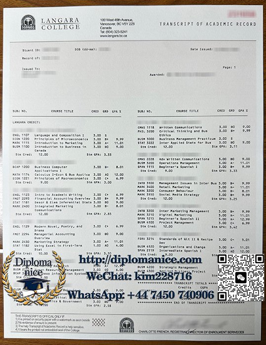 兰加拉学院成绩单-Langara College transcript