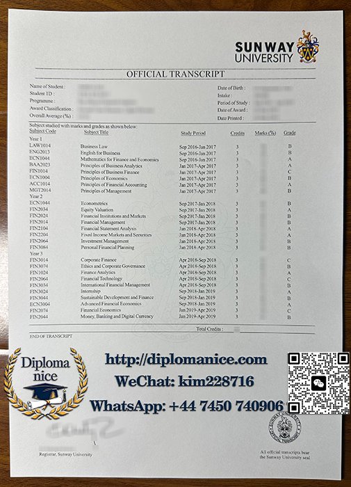 双威大学成绩单-Sunway University transcript