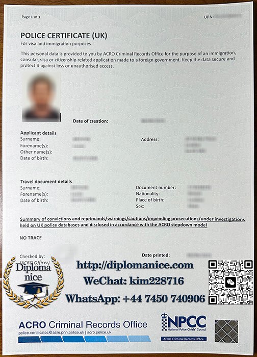 英国无犯罪记录证明证书-ACRO UK Police Certificate